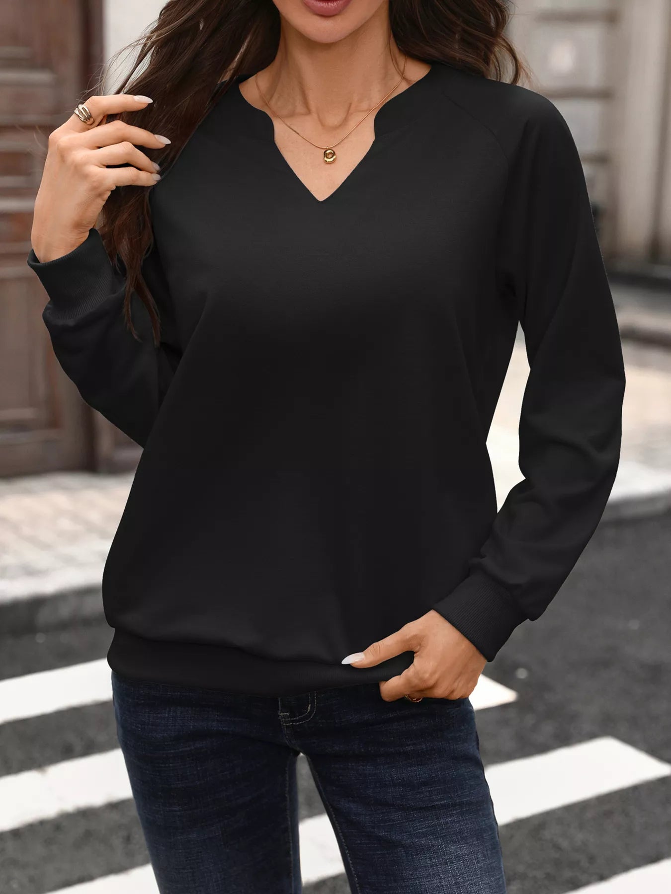Notched Raglan Sleeve Sweatshirt