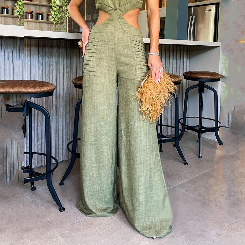 Summer round neck ruffled loose jumpsuit