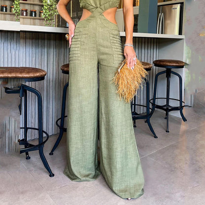 Summer round neck ruffled loose jumpsuit