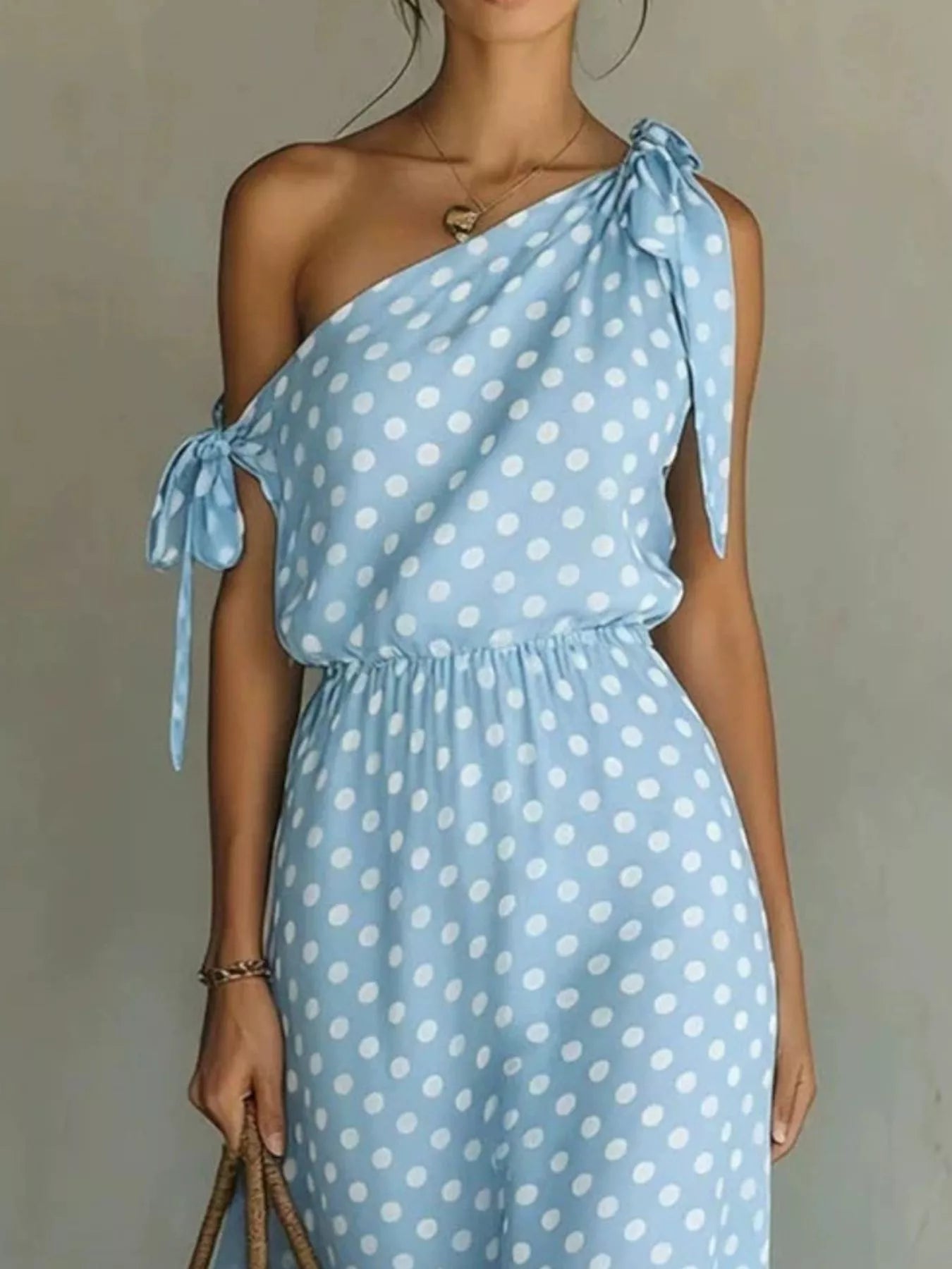 Full Size Polka Dot One-Shoulder Maxi Dress with Tie Details Plus Size