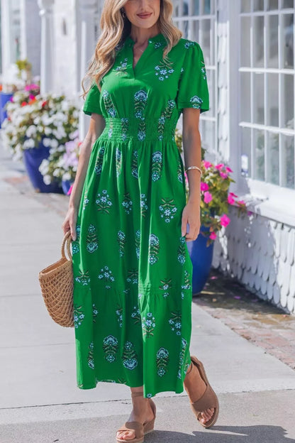Floral Print Smocked Waist Maxi Dress