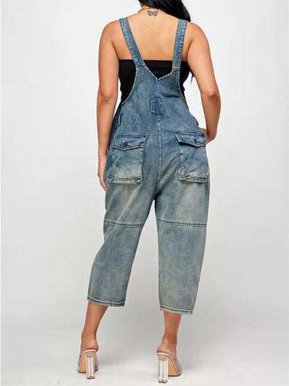 Full Size Button Front Denim Overalls with Pockets Plus Size