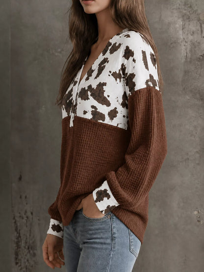 Cow Print Color Block Waffle Knit Blouse