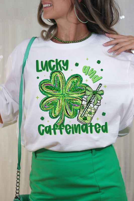 White Lucky and Caffeinated Clover Graphic St Patrick Tee