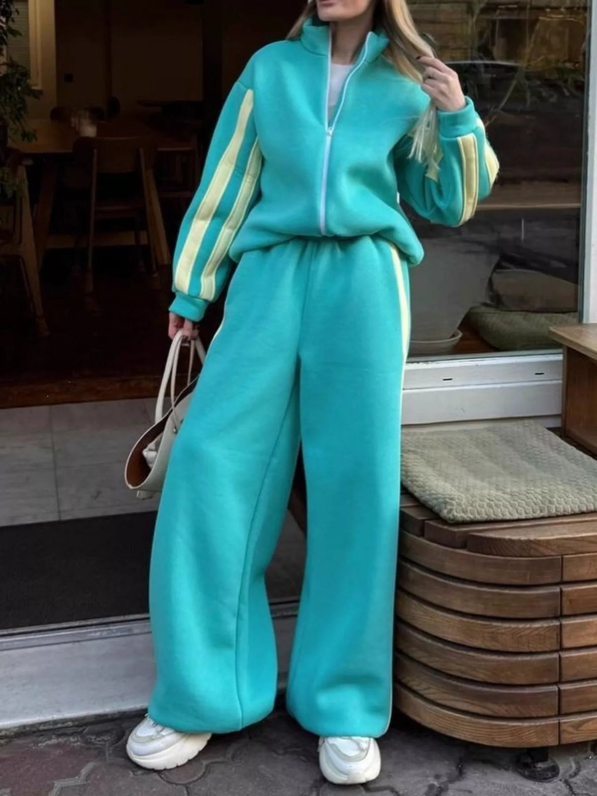 Contrast Striped Zip Up Top and Pants Set