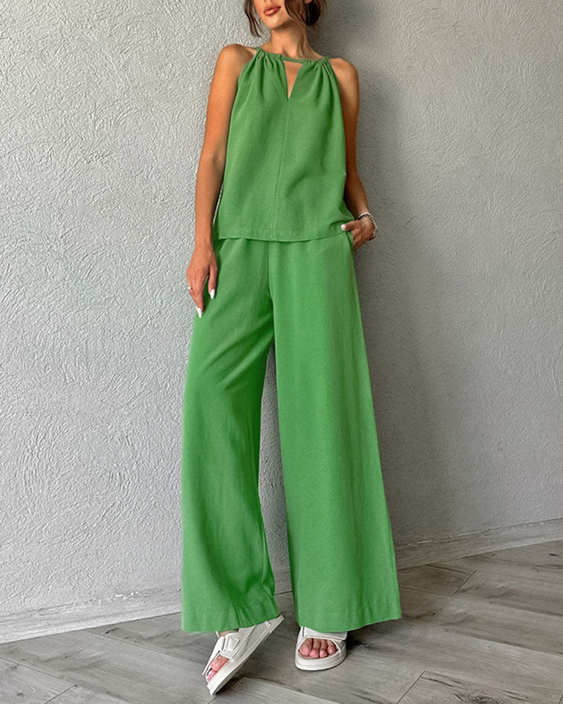 Cotton And Linen Cut-Out Lace-Up Vest & Wide-Leg Pants Two-Piece Set