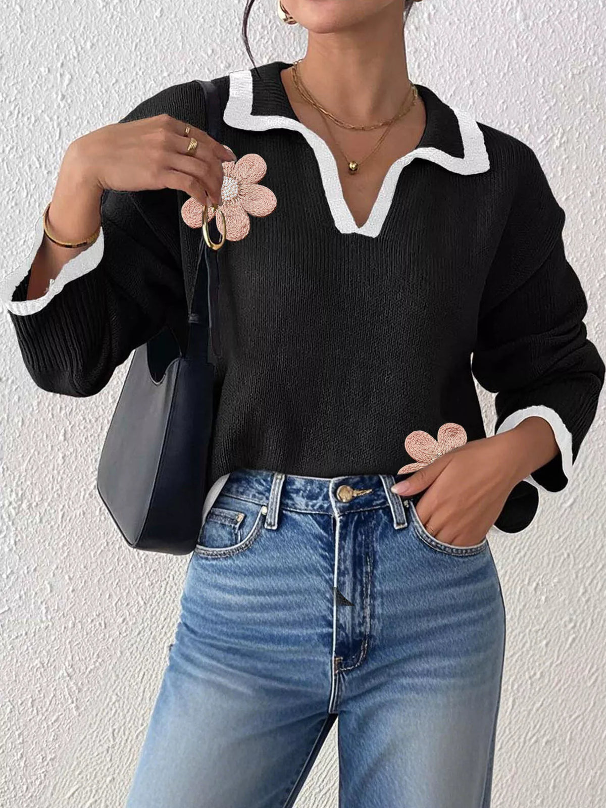 Flower Contrast Trim Dropped Shoulder Sweater