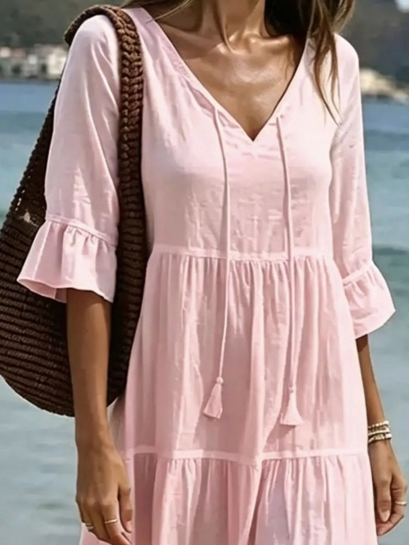 Full Size Tiered Tie Neck Flounce Sleeve Dress Plus Size
