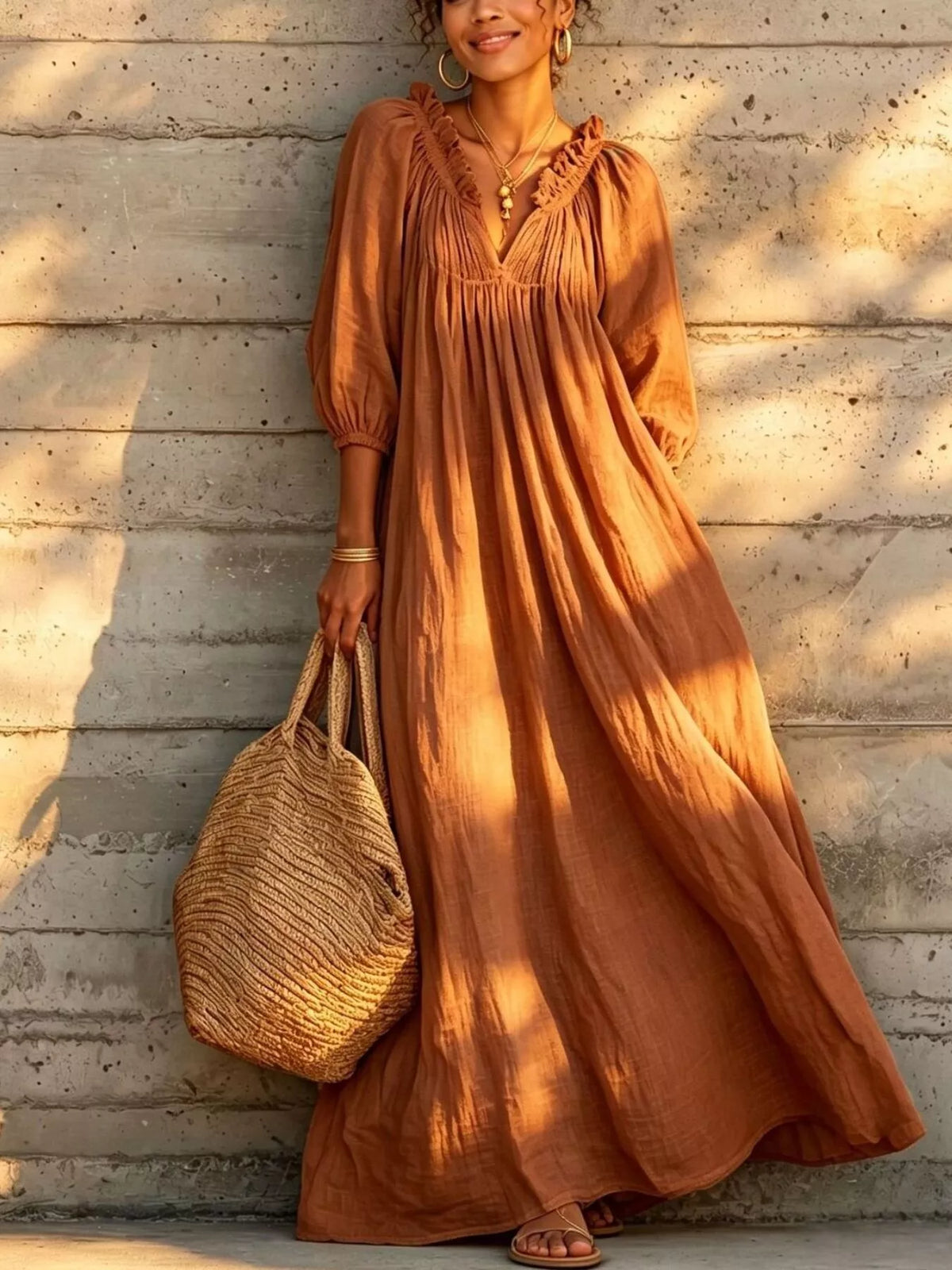 Tiered Notched 3/4 Sleeve Maxi Dress