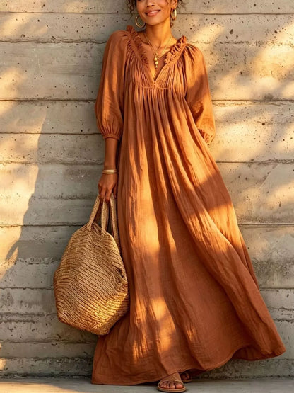 Tiered Notched 3/4 Sleeve Maxi Dress