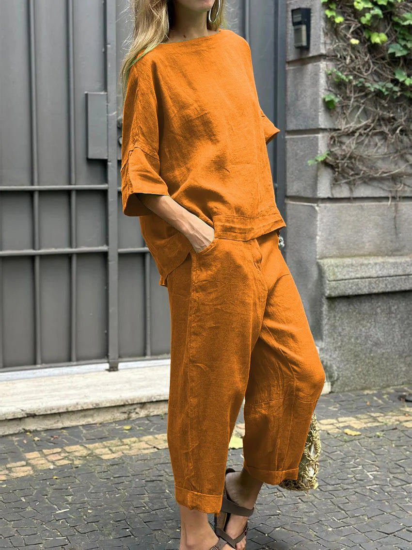 Casual Solid Color Crewneck Top & Pants Cotton Linen Two-piece Set