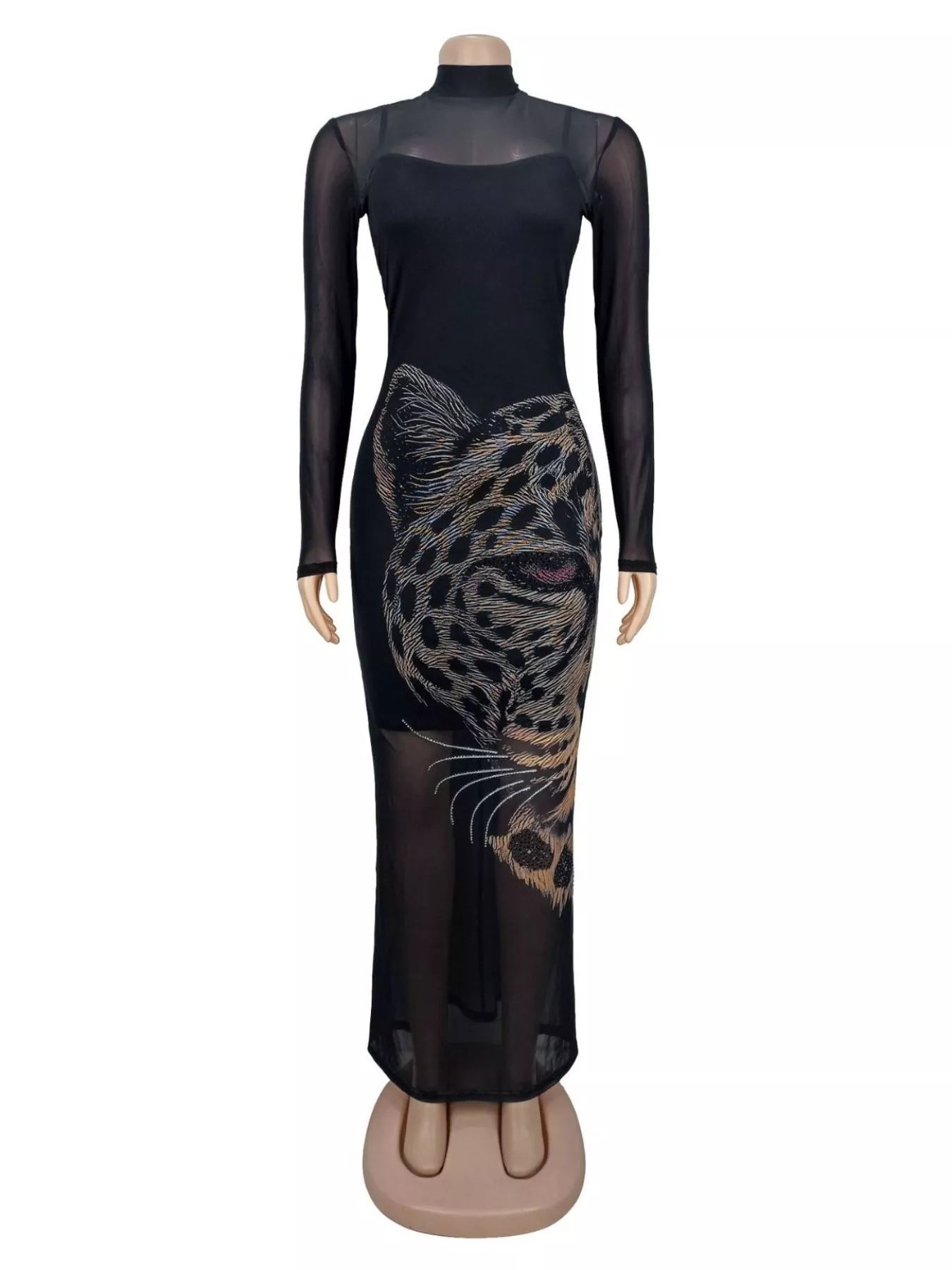 Leopard Print Mesh Long Sleeve Maxi Dress
