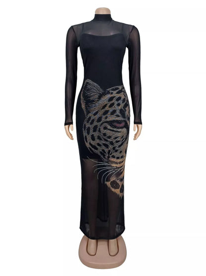 Leopard Print Mesh Long Sleeve Maxi Dress