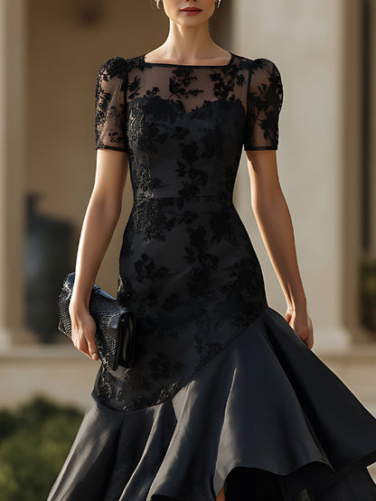 Sheer Neckline High-Low Midi Dress With Sculpted Silhouette