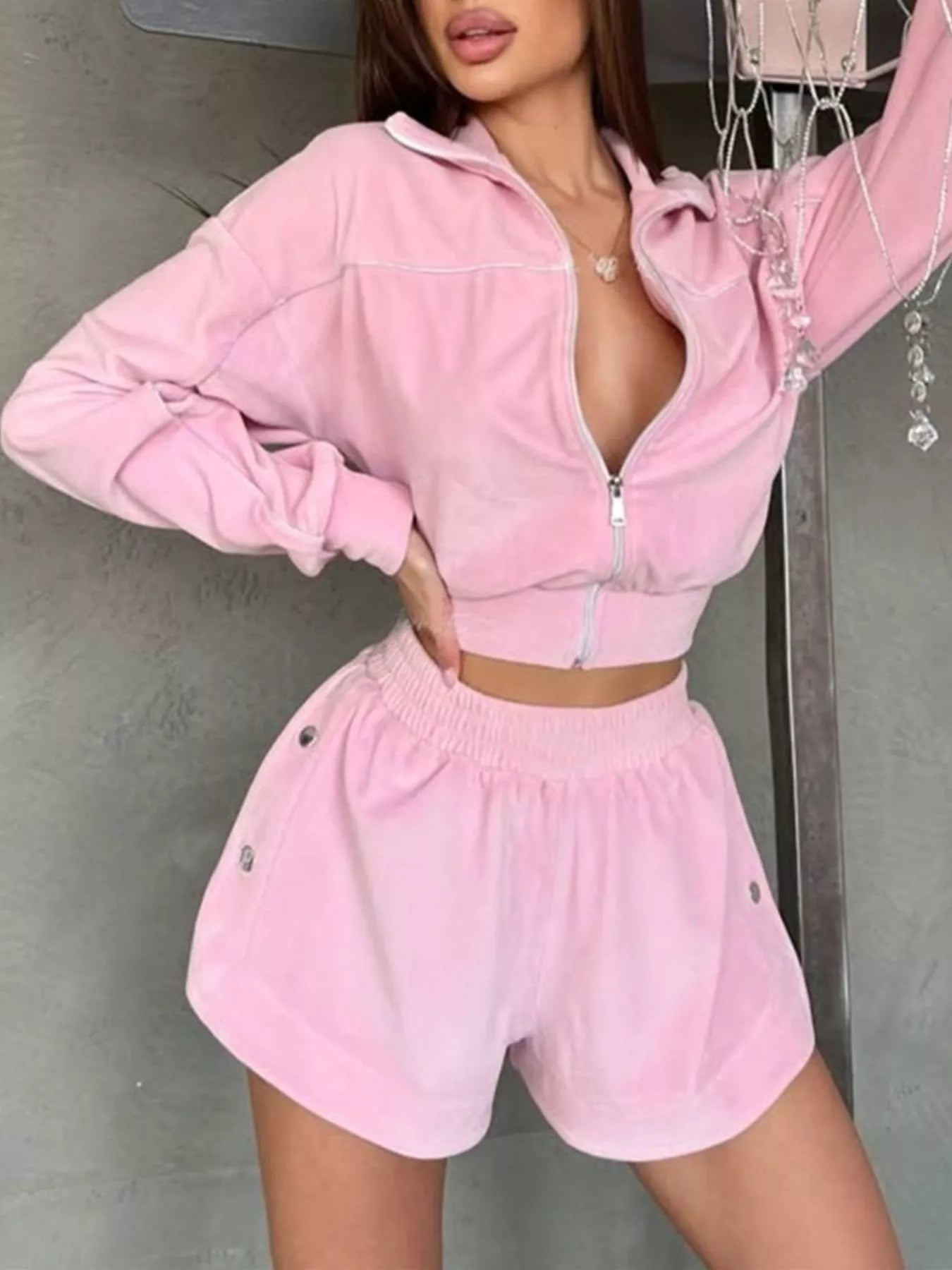 Zip-Up Outerwear and Shorts Set