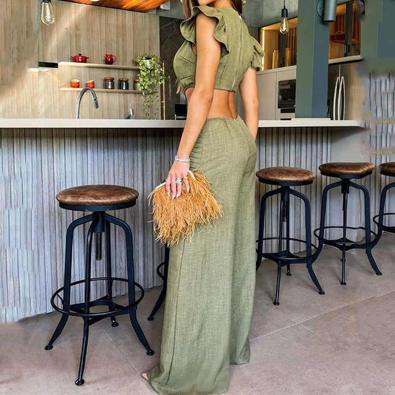 Summer round neck ruffled loose jumpsuit