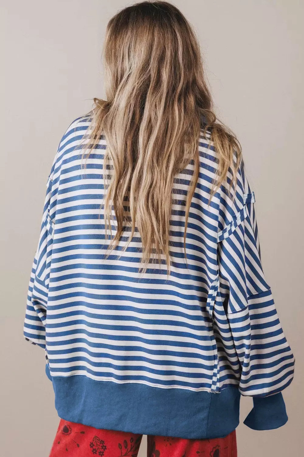 Stripe Color Block Trim Raw Seam Split Hem Loose Sweatshirt