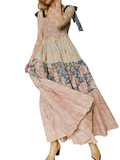 Smocked Tie Shoulder Printed Maxi Dress