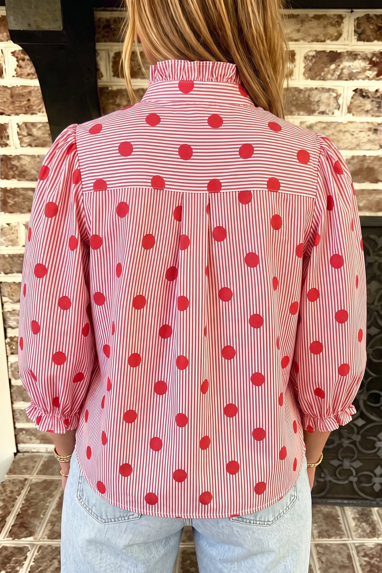 Fiery Red Polka Dot Striped Print Ruffle Stand Neck 3/4 Sleeve Shift Shirt
