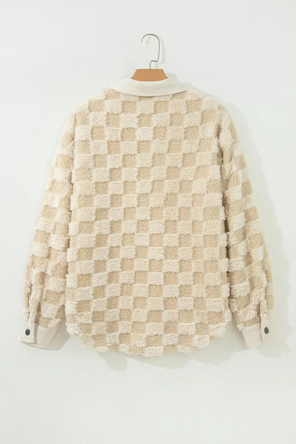 Plush Checkered Corduroy Trim Metal Button Long Sleeve Shift Silhouette Shacket