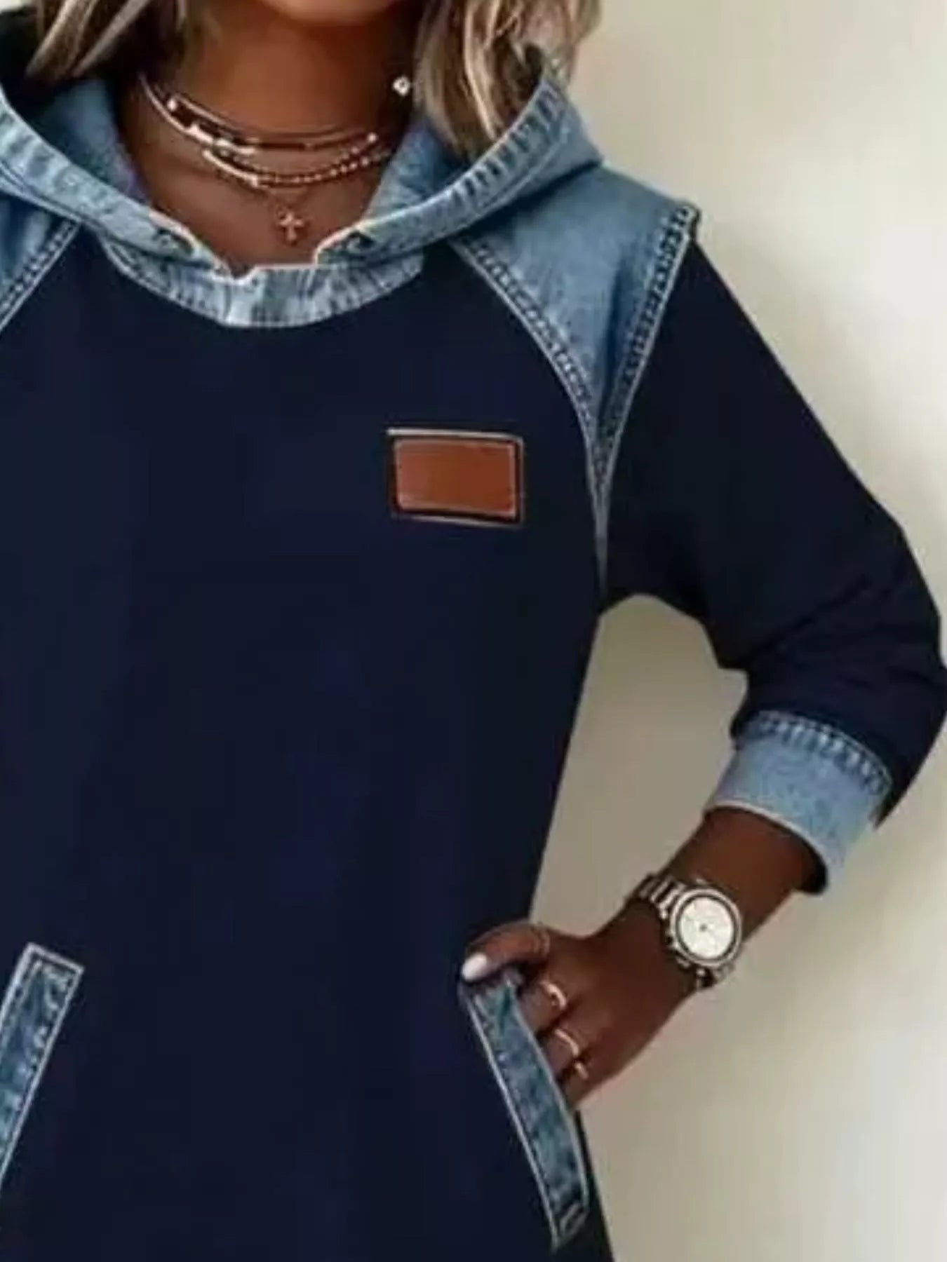 Full Size Denim Patchwork Hooded Sweatshirt Dress Plus Size