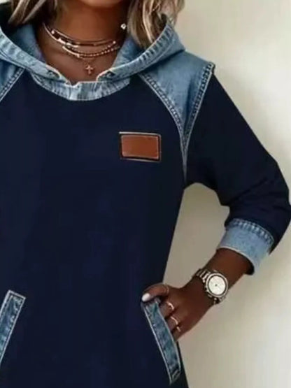 Full Size Denim Patchwork Hooded Sweatshirt Dress Plus Size