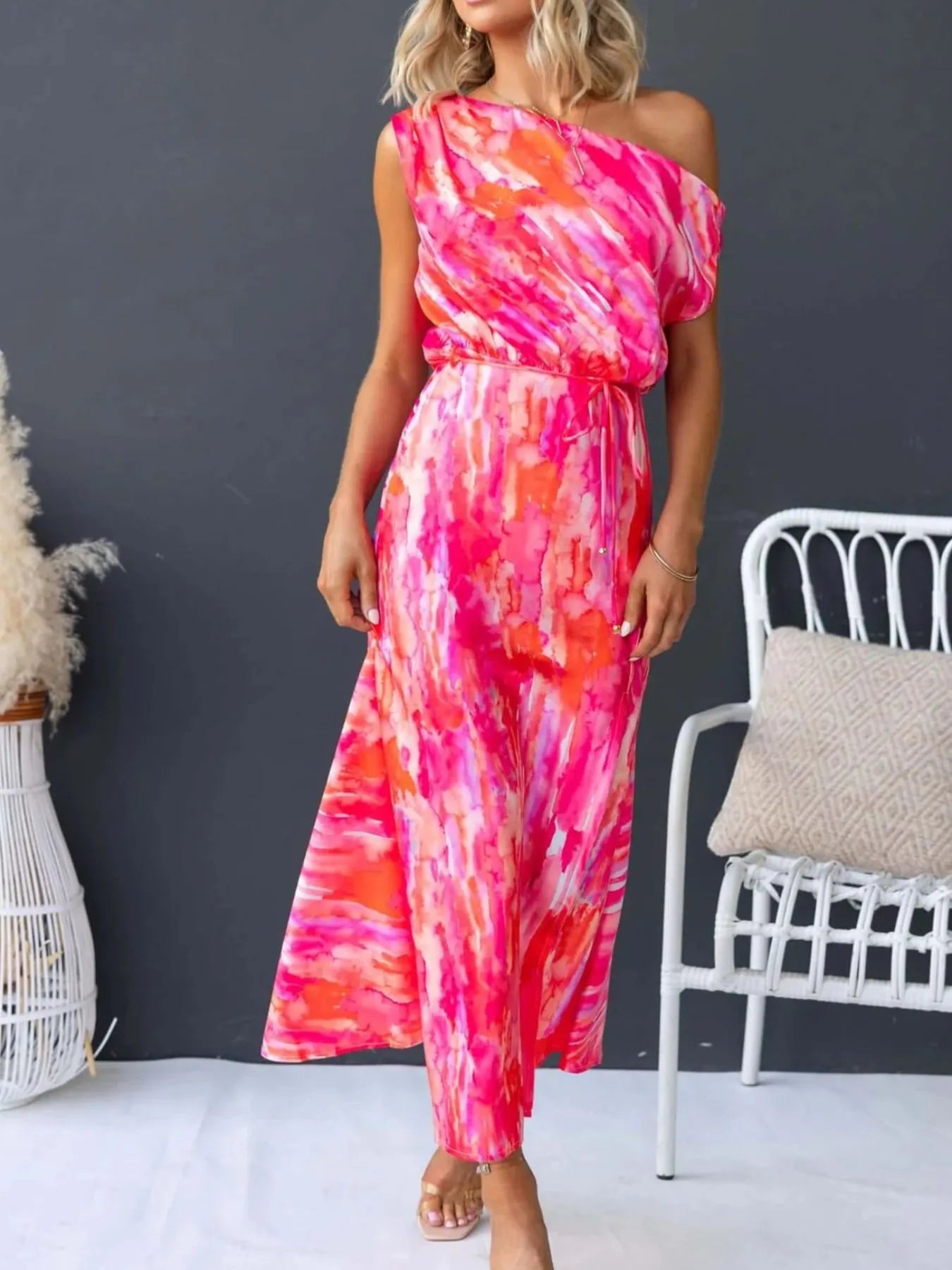 One Shoulder Printed Dress with Slit