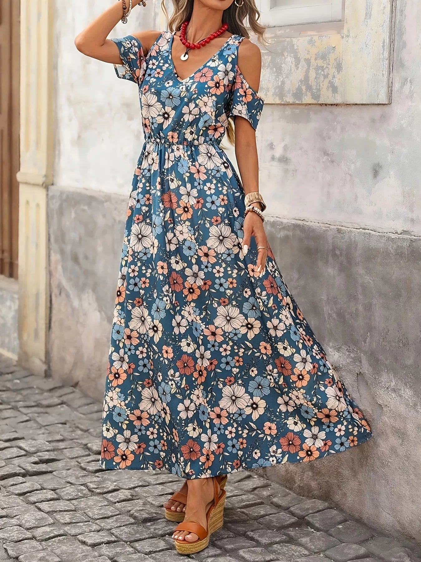 Cold Shoulder Floral Print Maxi Dress