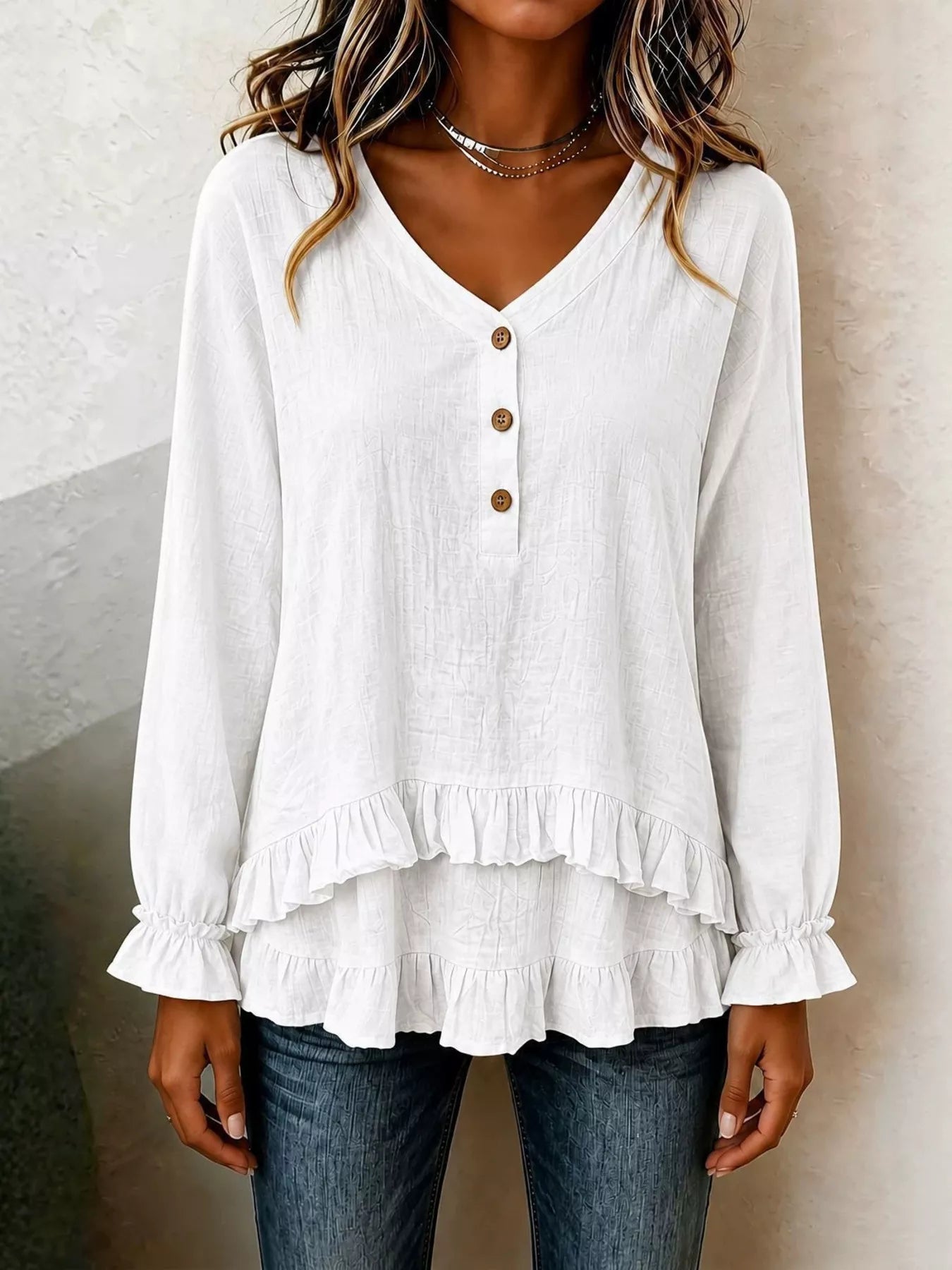Ruffled Hem Long Sleeve Blouse