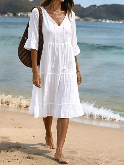 Full Size Tiered Tie Neck Flounce Sleeve Dress Plus Size