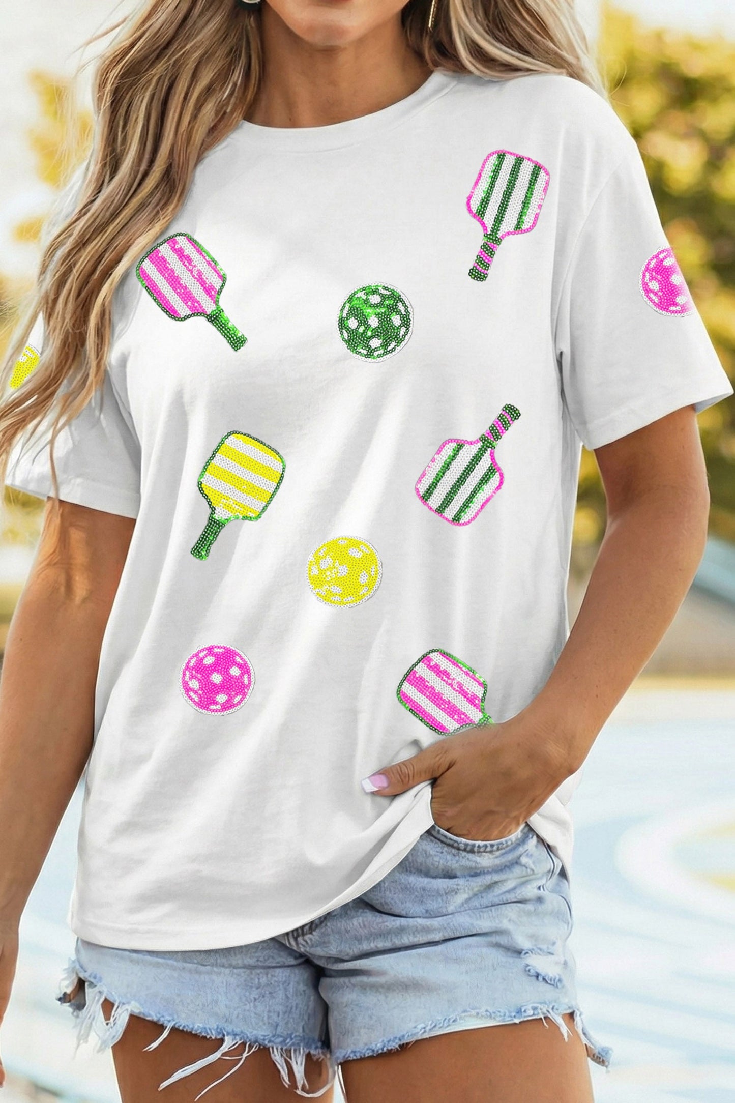 White Sequin Pickleball Graphic Casual T Shirt