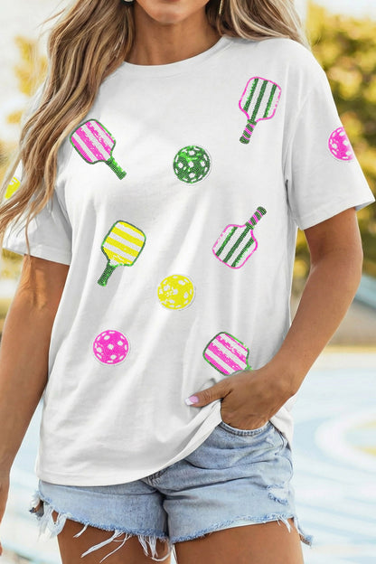 White Sequin Pickleball Graphic Casual T Shirt
