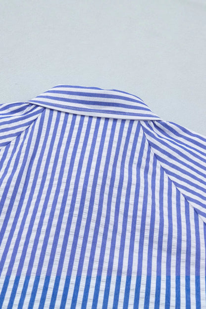 Striped Floral Embroidered Puff Sleeve Button Down Shirt