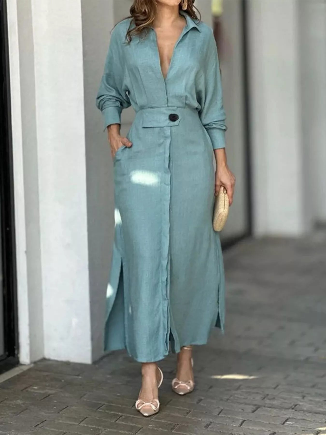 Side Slit Long Sleeve Shirt Dress
