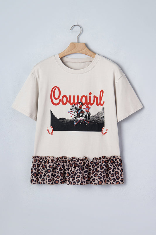 White Retro Cowgirl Print Leopard Ruffle Hem Patchwork T Shirt