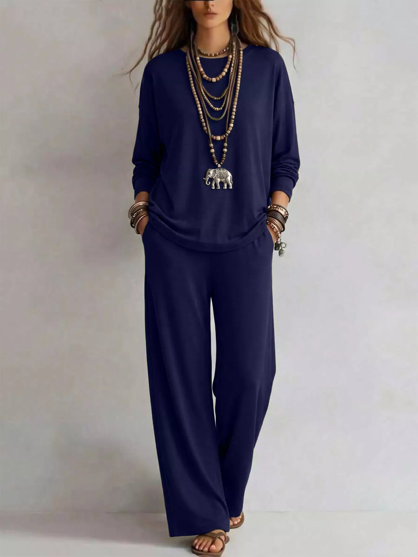 Round Neck T-Shirt and Wide-Leg Pants Set