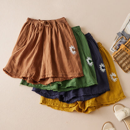 5-Color Thin Retro Daisy Embroidered Casual Shorts