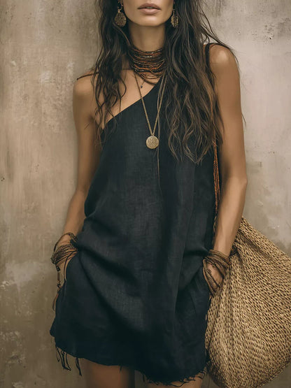 One-Shoulder Mini Dress with Frayed Hem