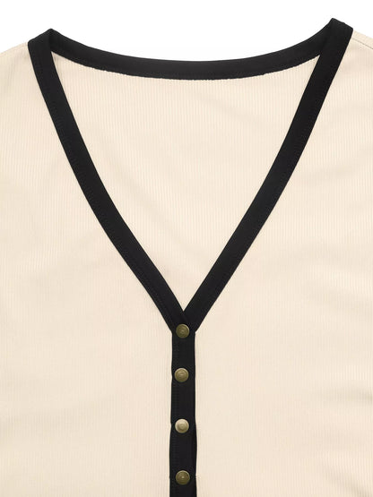 Ribbed V-Neck Long Sleeve Bodysuit with Contrast Trim