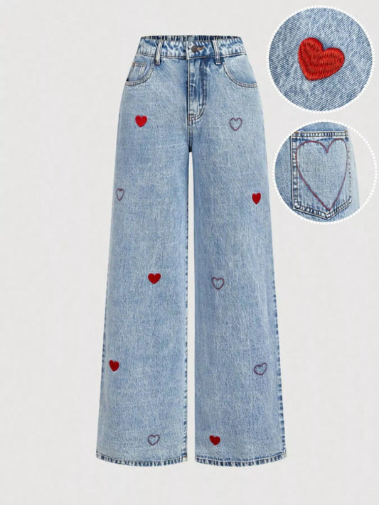 Embroidered Heart Wide-Leg Jeans