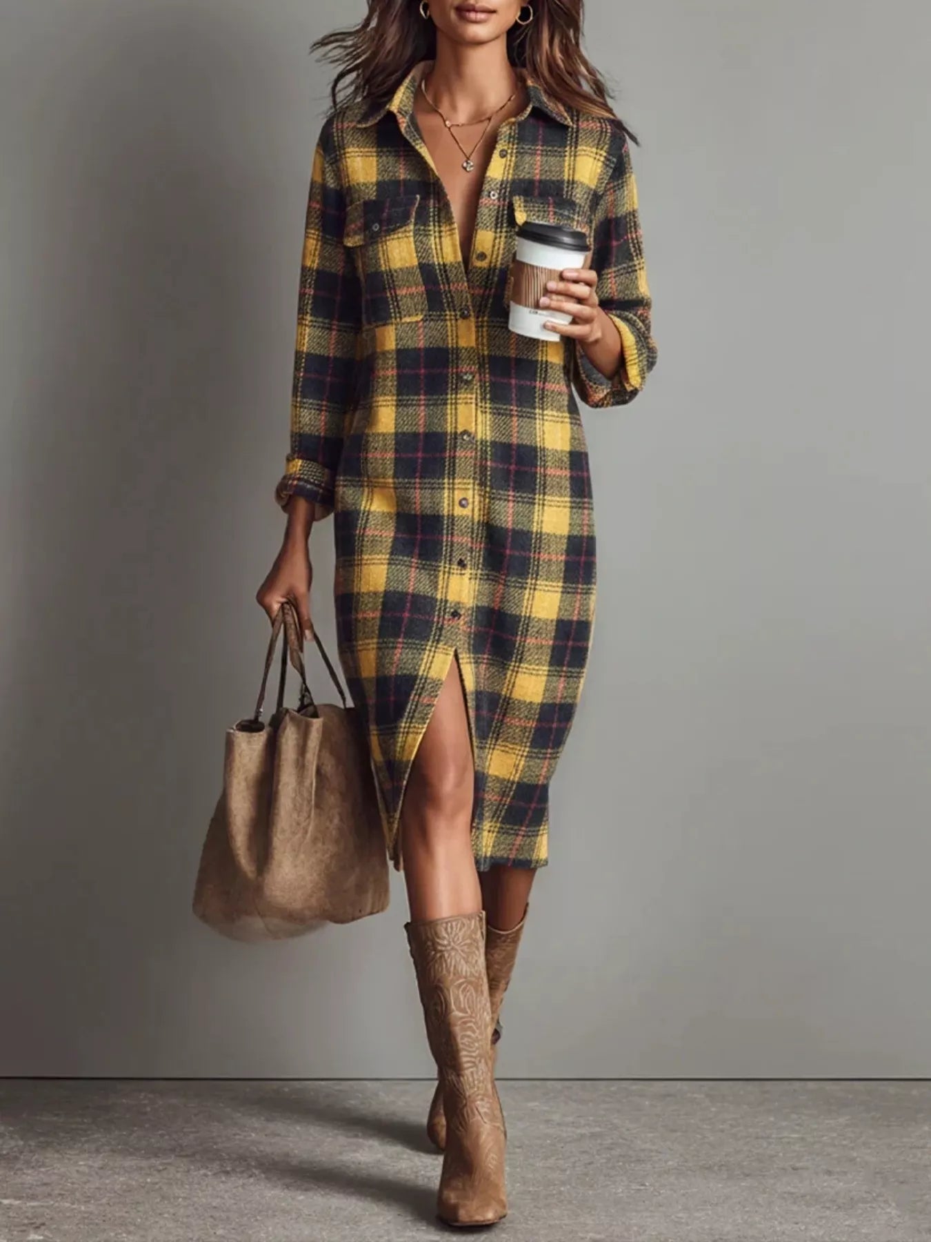 Plaid Shirt Dress with Side Slit