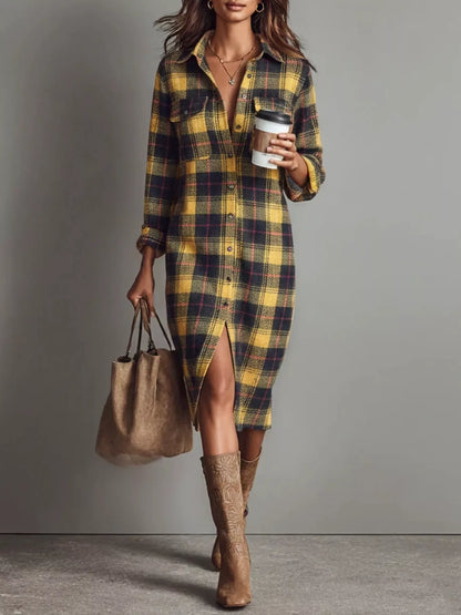 Plaid Shirt Dress with Side Slit