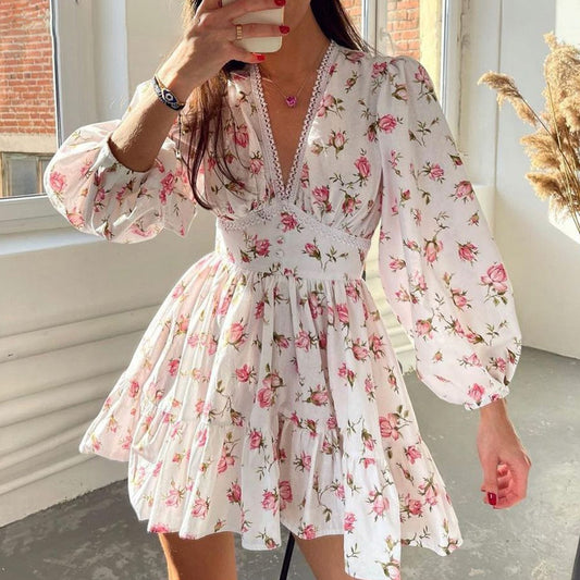 Sweet printed V-neck lace short dress