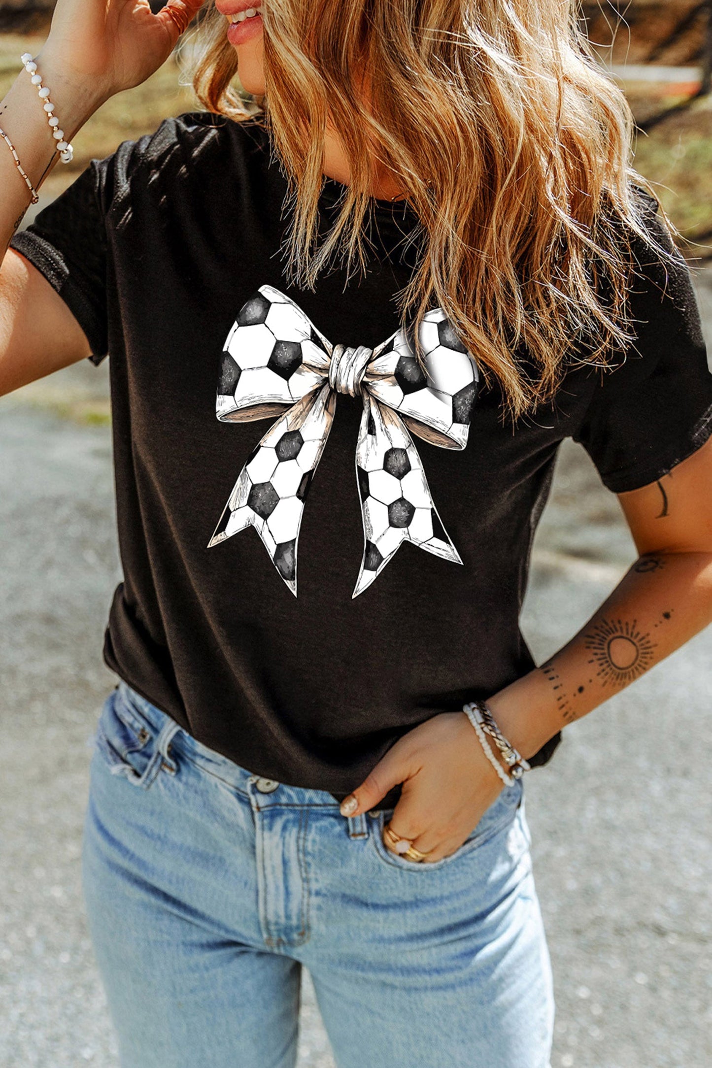 Black Soccer Bow Graphic Casual Summer Tee