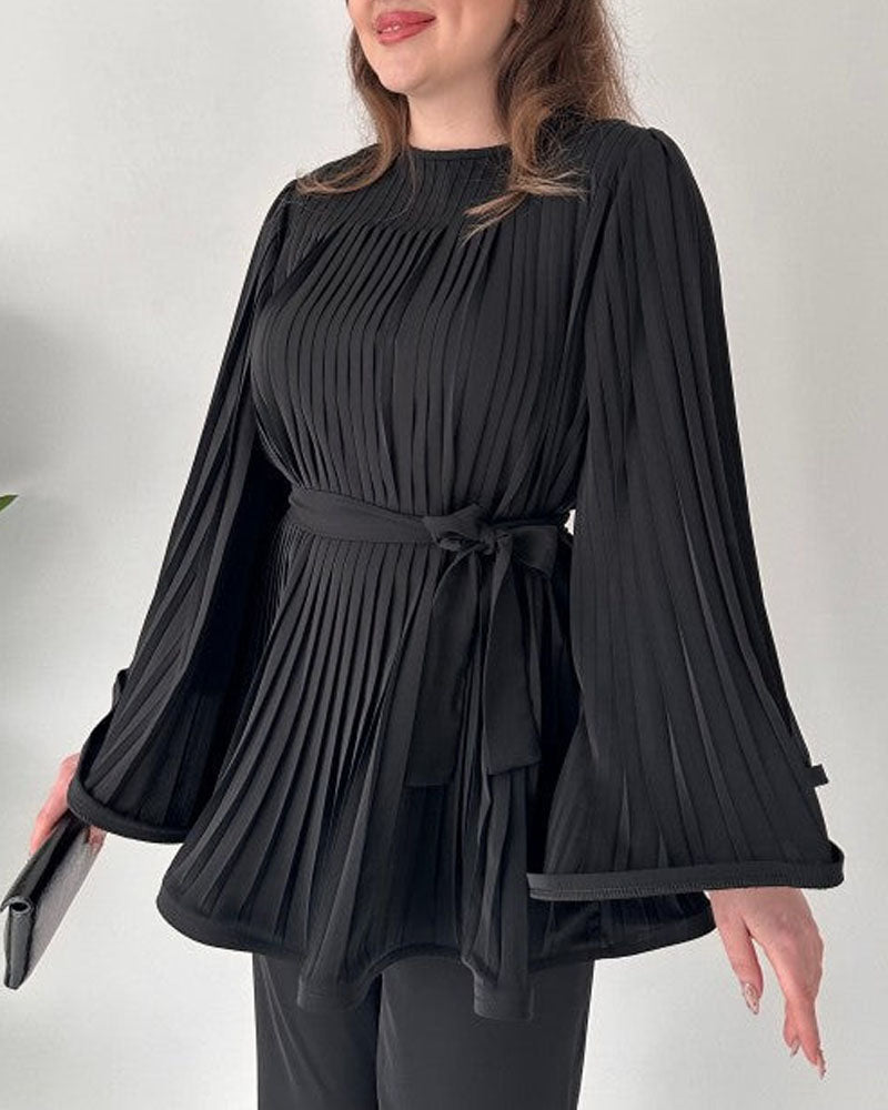 Fashion Round Neck Bat Sleeve Pleated Large Swing Top Suit