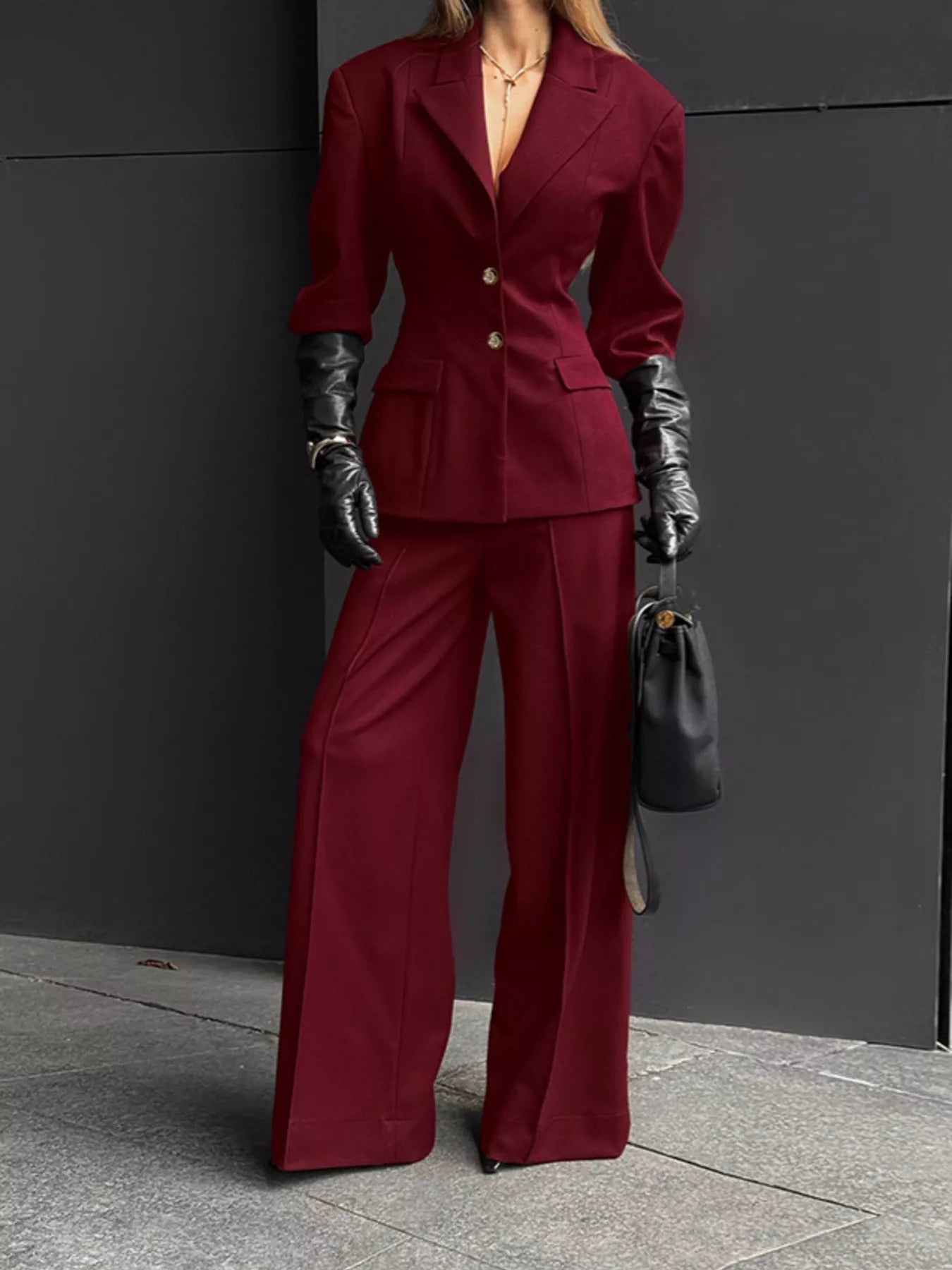 Single-Breasted Blazer and Wide-Leg Pants Set