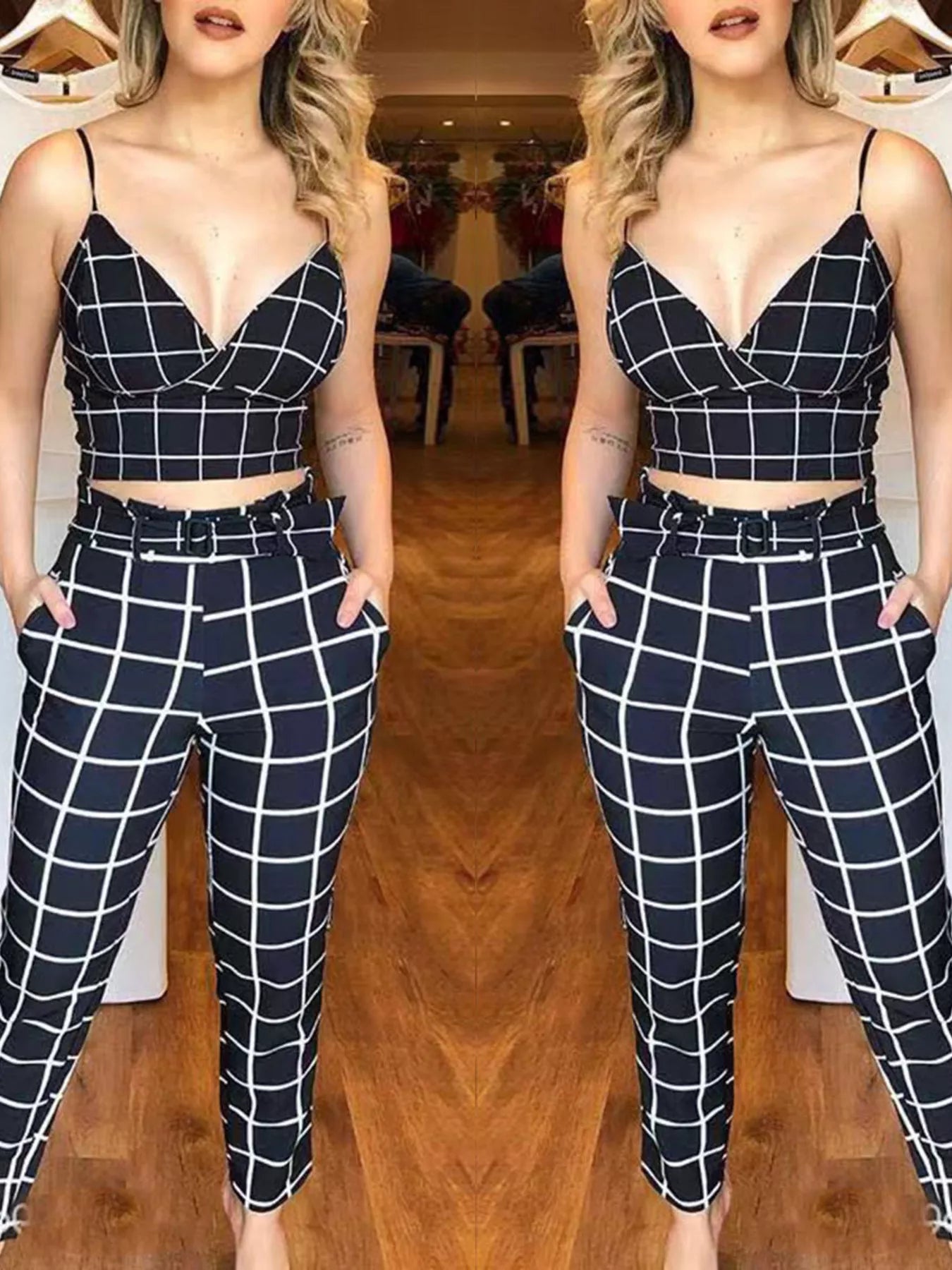 Grid Print Crop Top and Pants Set