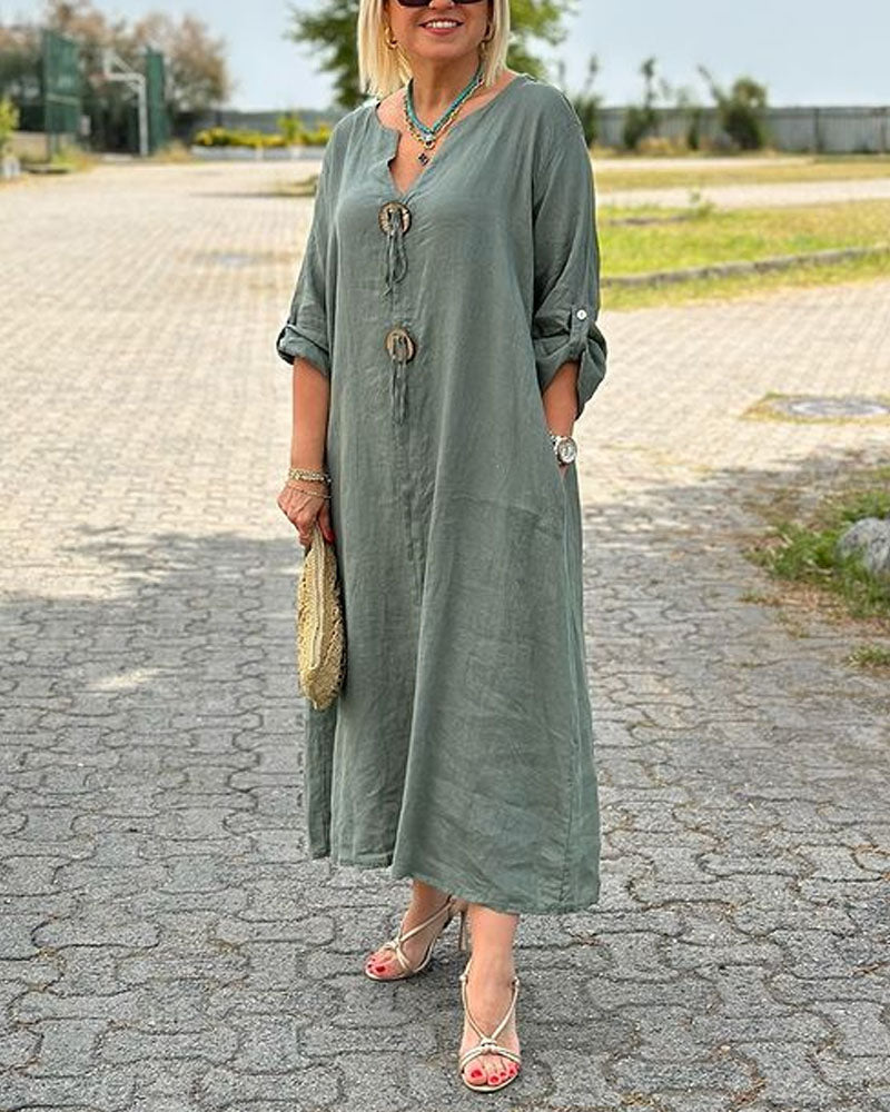 Casual Cotton Linen V-neck Button Decorative Dress