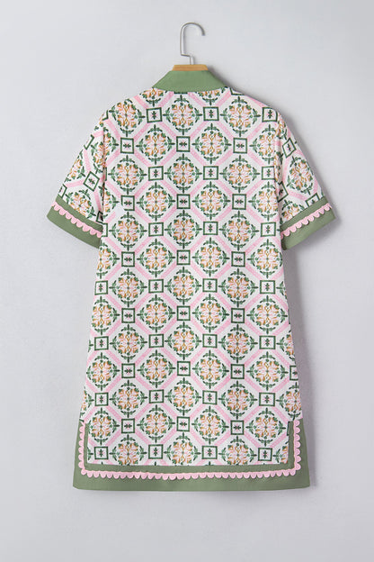 Multicolour Boho Geometric Flower Print Short Sleeve Loose Mini Dress