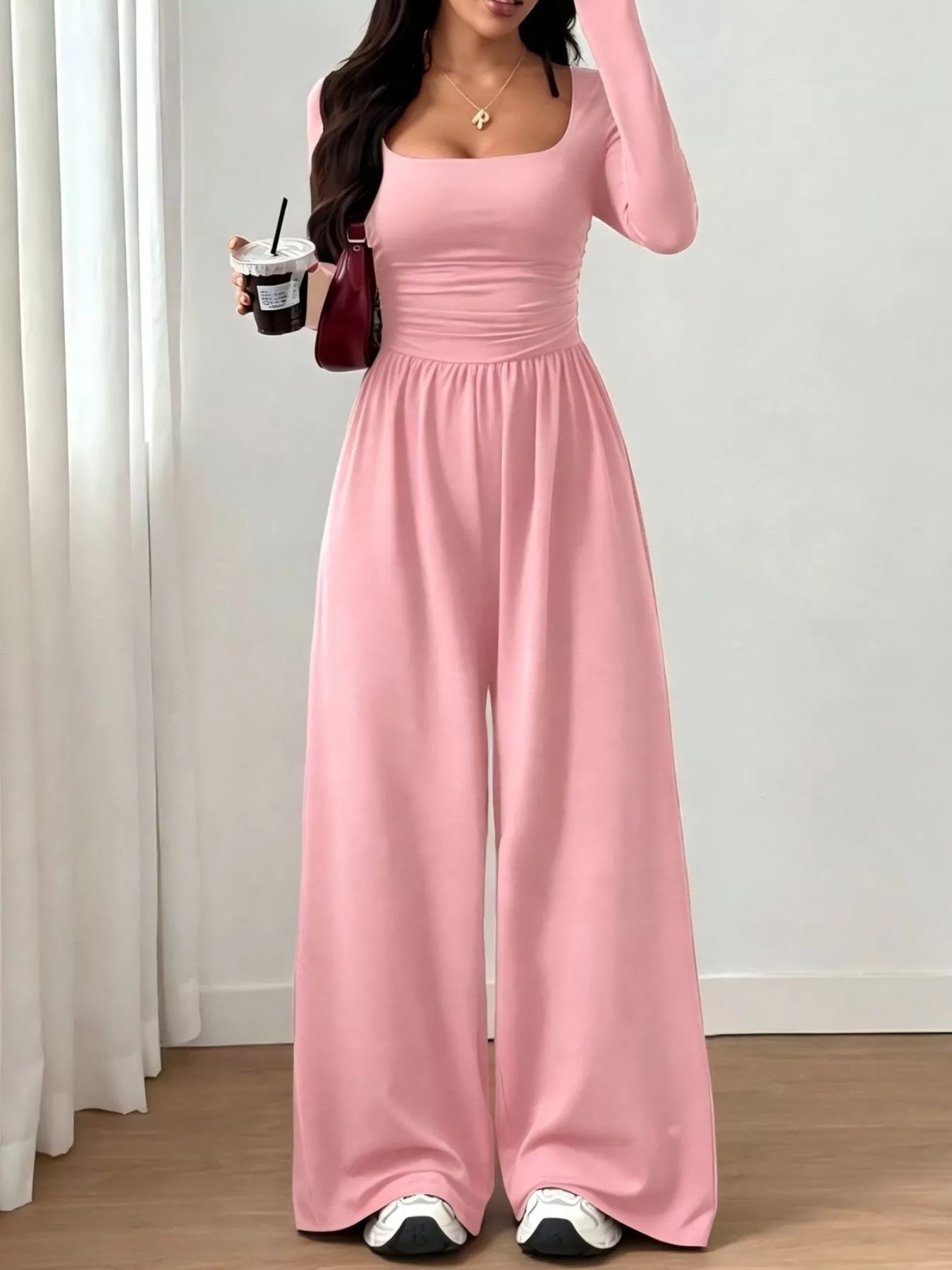 Ruched Square Neck Wide-Leg Jumpsuit